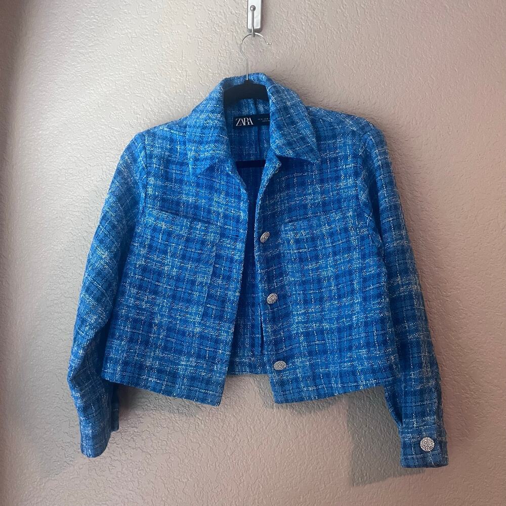 Zara Blue Checkered Tweed Cropped Breasted Blazer Rhinestone Buttons XS Collared - Picture 2 of 8